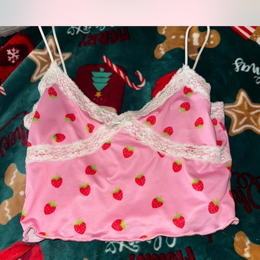 Pink Strawberry Print Lace Trim Camisole